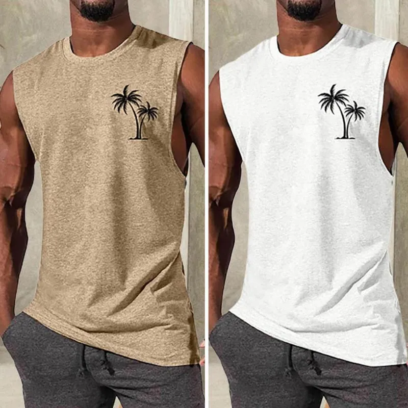 Men's Tank Tops Sleeveless Men Summer T-shirt Solid Color Round Neck Tree Print Loose Sports Pullover Vest Exercise Top Male Clothing