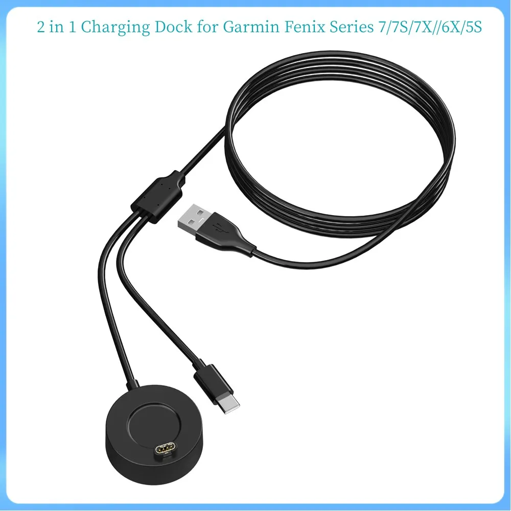 2PCS/lot 2 in 1Charging Dock for Garmin Fenix Series 7/7S/7X/5S USB Charger Station with Typc C Cable for Samsung Xiaomi Mobile Phone