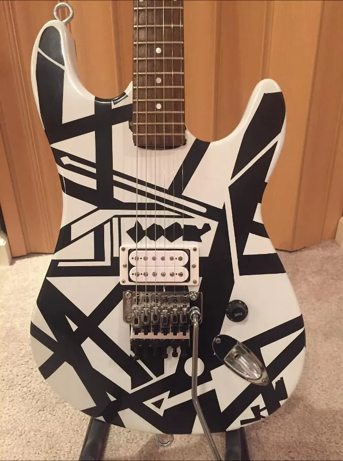 Aangepaste Eddie Edward Van Halen White Black Stripe Series Rude Conversation elektrische gitaar Floyd Rose Tremolo Bridge Locking Nut Whammy Bar Chrome Hardware