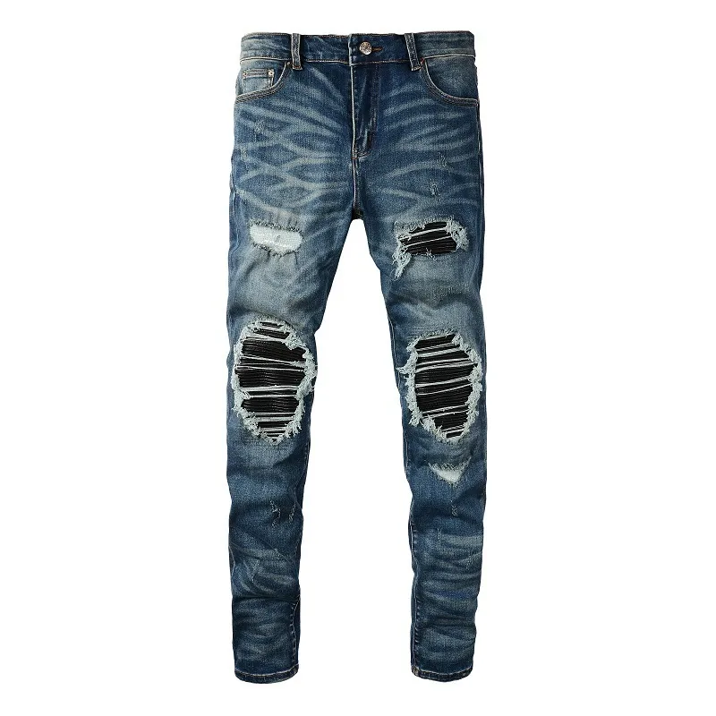 Mens Jeans Mens Blue Distressed Moustache EU Drip Ribs Patches