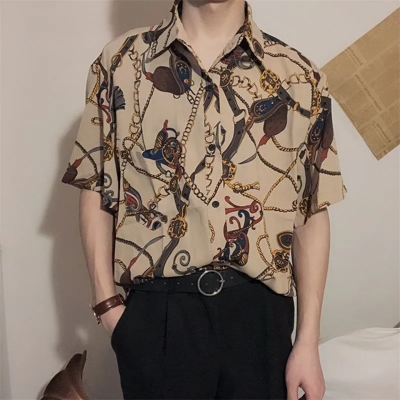 メンズドレスシャツ夏の薄い絹のような柔らかいポリエステル短袖メンフローラルプリントシャツハワイアンレトロモダントレンド韓国230826