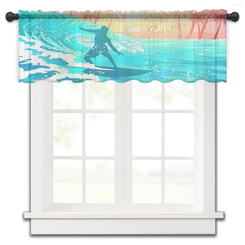 Curtain Surfing Waves Sunset Coconut Trees Kitchen Small Tulle Sheer Short Bedroom Living Room Home Decor Voile Drapes
