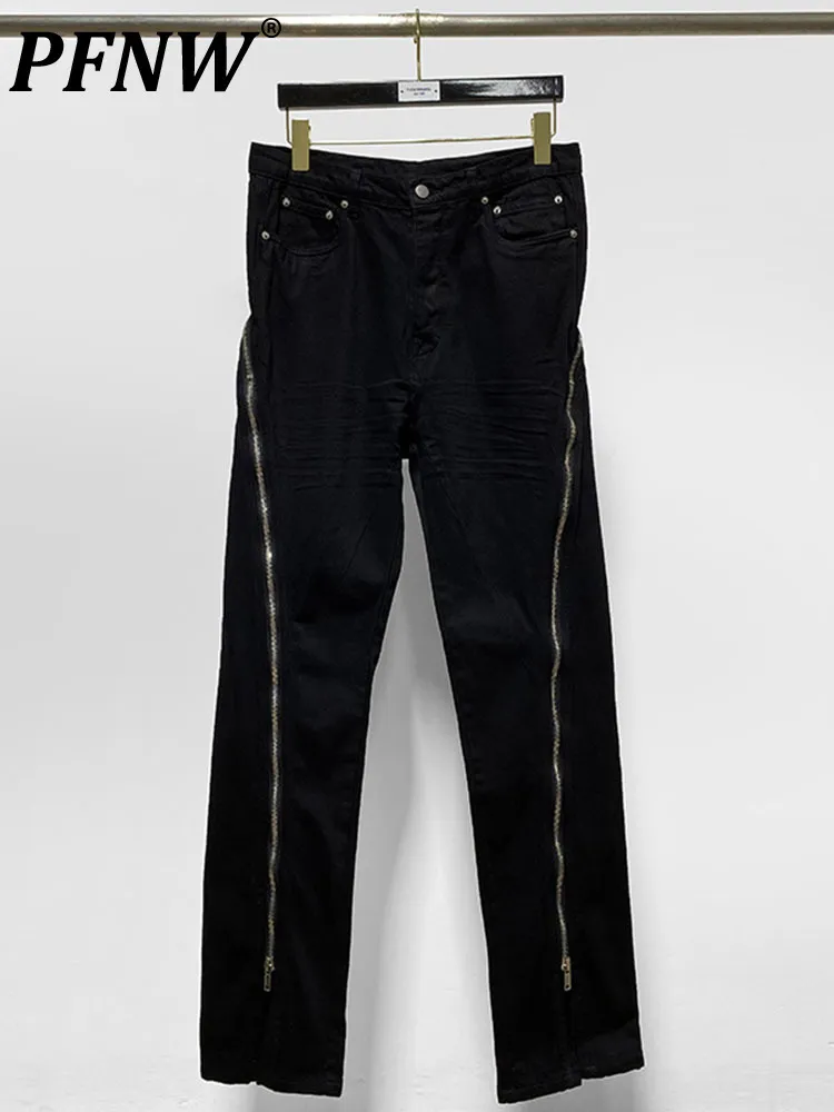 Jeans pour hommes PFNW Darkwear Design de Niche Style de rue haute ligne principale grande fermeture éclair en vrac hommes jean solide noir décontracté Chic Denim pantalon 12A4917 230827