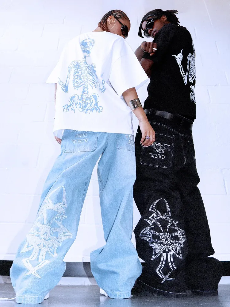 Men's Jeans Y2K Jeans Mens Straight Graphic Jeans Wide Leg Trouser Hip Hop Retro Skull Embroidery Washed Baggy Denim Pants Streetwear 230827