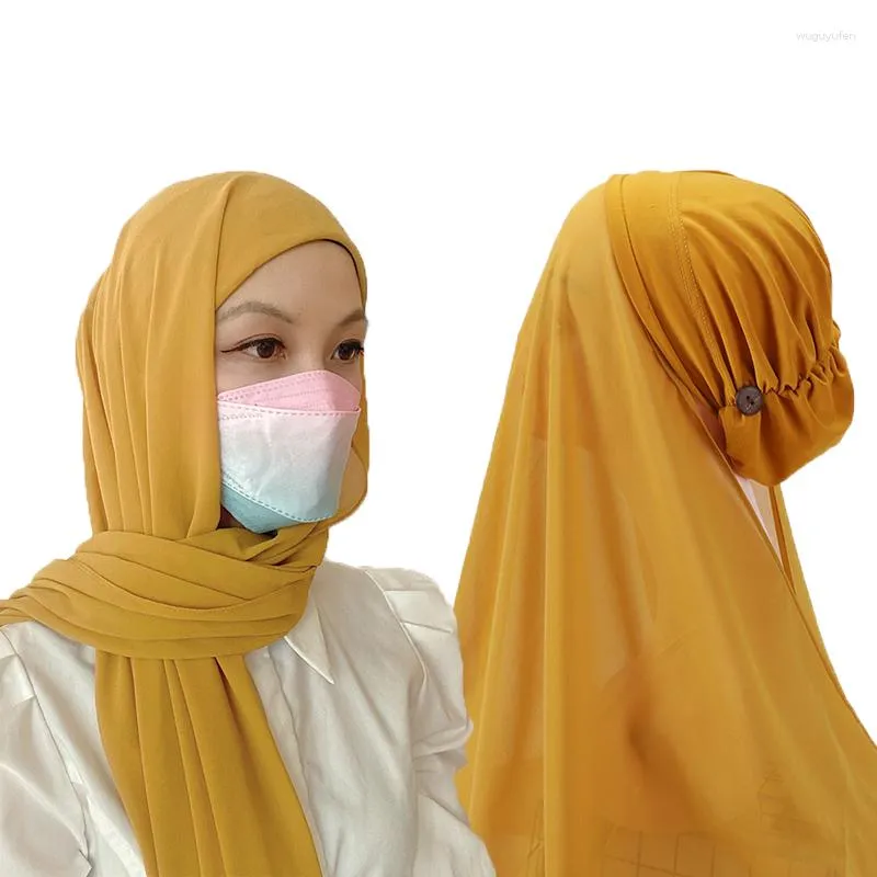 Ethnic Clothing Yellow Instant Hijabs Women Bonnet With Chiffon Shawl Buttons Easy To Wear Masks Hat