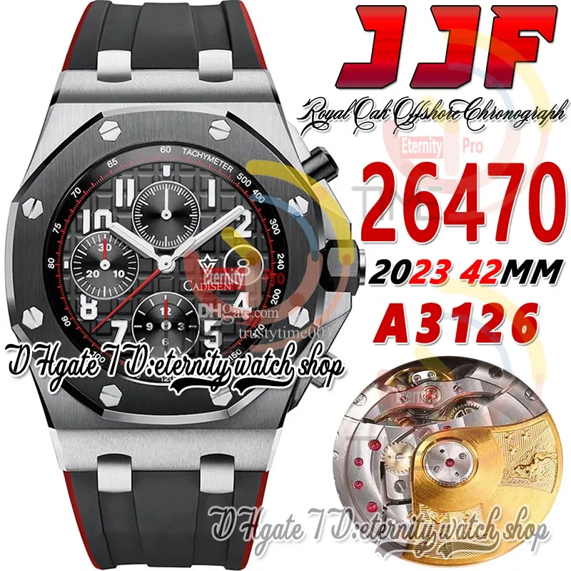 JJF 2647 Vampire A3126 Chronograph Automatic Mens Watch 42mm Steel Case Ceramic Bezel Black Textured Dial Red Rubber Strap 2023 Super Edition eternity Wristwatches