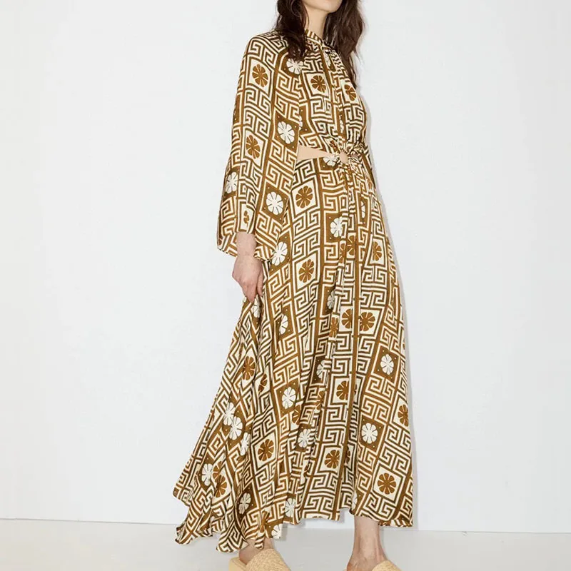 Australian designer dress, brown checkered print, open waist, waist up, holiday style dress for women
