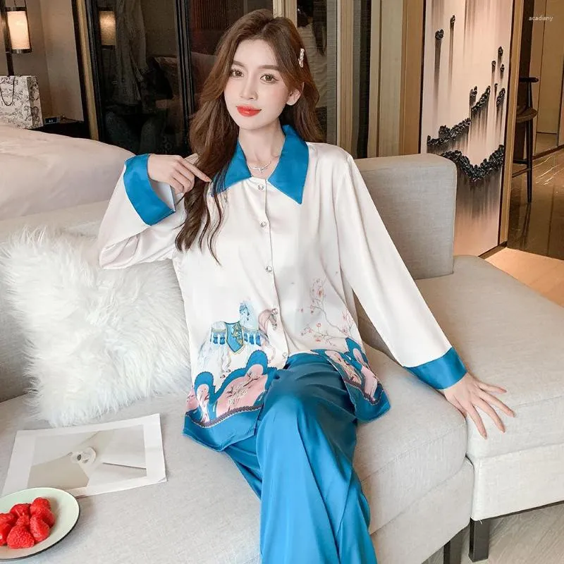 Women's Sleepwear Jxgarb Spring Patchwork Women Satin Horse Print Pajamas Sets Fashion Ice Silk Femme Sleeping Nightwear High Quality