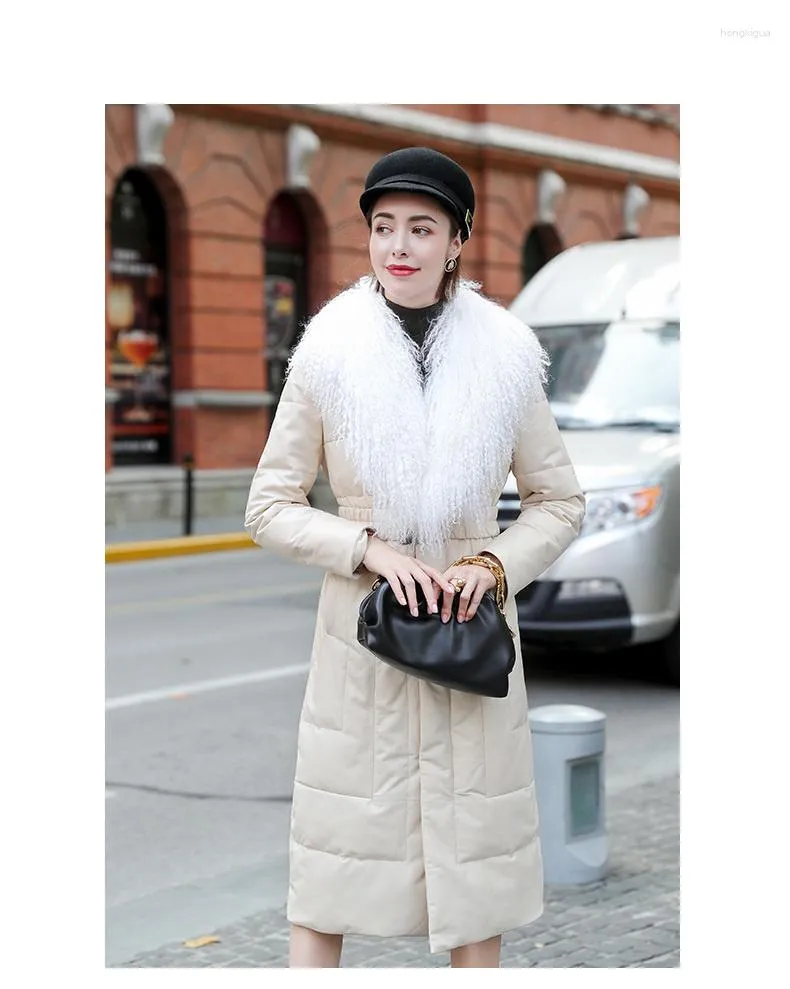 Women's Leather 2023 Winter Genuine Jacket Women Wool Fur Collar Long Sheepskin Coat Female Korean 90% White Duck Down Jackets