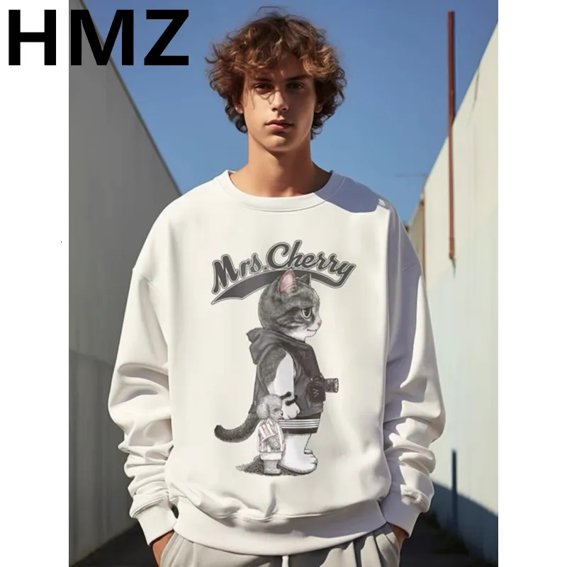 Men's Hoodies Sweatshirts HMZ Cat Print Men Long Sleeves Kawaii Cartoons Pullovers Fashion Casual Simple ONeck Clothing Male Sweatshirt 230826