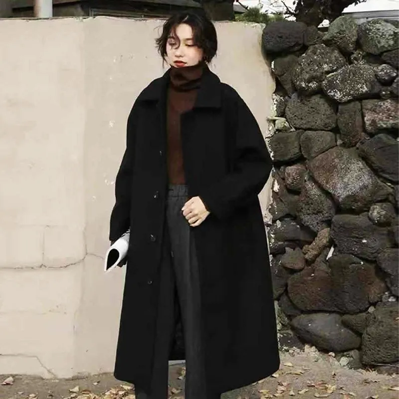 Women's Wool Blends Korean Autumn/Winter Loose Woolen Coat Women's Mid length Temperament Double breasted Suit Collaoat Long women's Winter Coat 230827