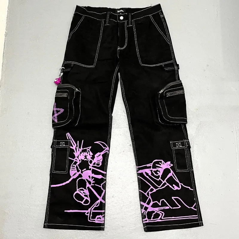 Vaqueros para hombre Vaqueros holgados con múltiples bolsillos, vaqueros de tendencia harajuku para hombre y mujer, pantalones informales estampados, ropa de calle, vaqueros negros de hip hop rock 230827