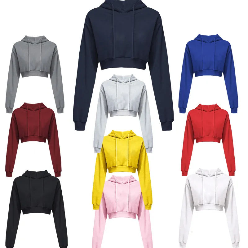 Kvinnors hoodies tröjor Autumn Women Hooded Sweatshirt överdimensionerade casual kvinnliga hoodies mode Solid Femme Crop Top Lång ärm Hög midja Girl Tops 230826