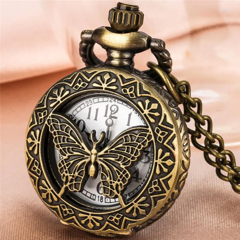 Taschenuhren Bronze aushöhlen Schmetterling halbe Abdeckung Männer Frauen Quarz Analoguhr Halskette Kette arabische Zahl Uhr Zeitmesser