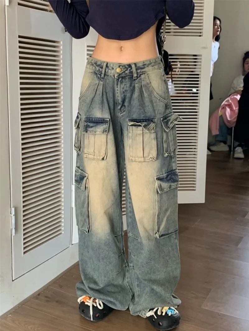 Damenjeans American Heavy Industry Multipocket Washed Cargo Y2K Retro Old Street Hip Hop Loose Casual High Waist Wide Leg 230826