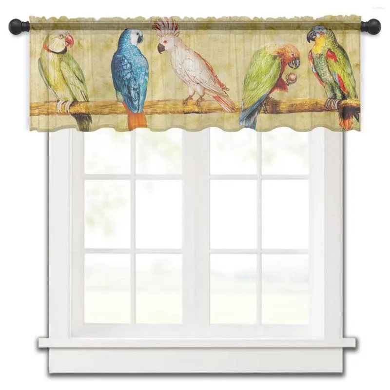 Cortina de tul Retro con diseño de pájaros y loros para cocina, cenefa de ventana pequeña, transparente, corta, para dormitorio, sala de estar, decoración del hogar, cortinas de gasa