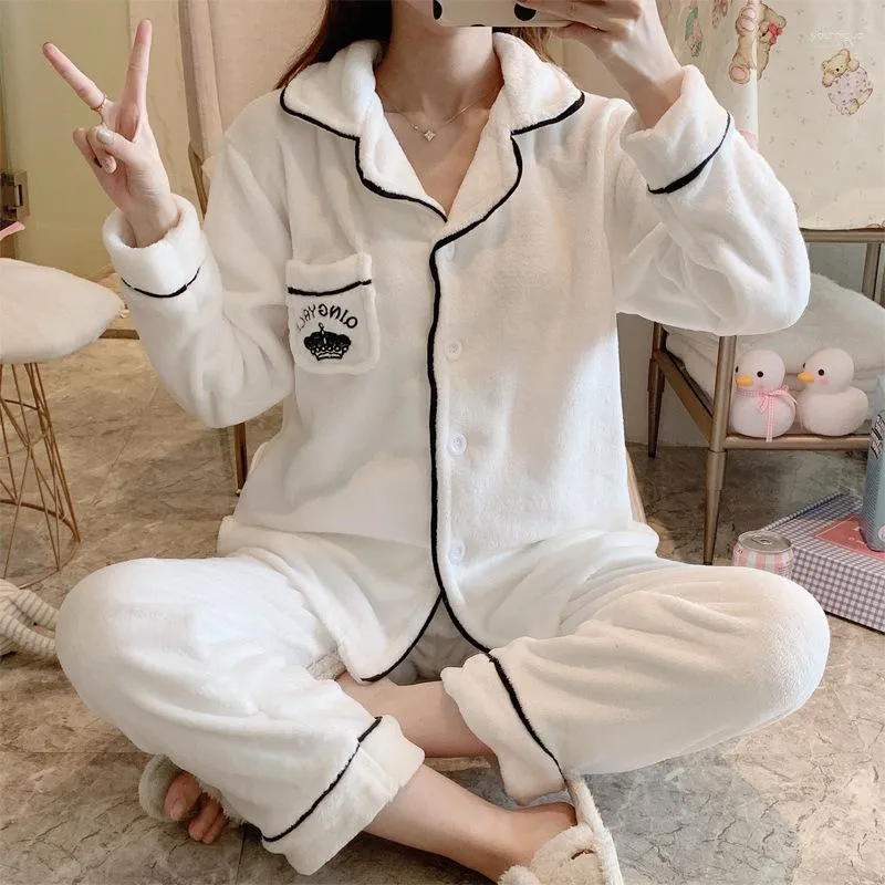 Damen Nachtwäsche Herbst Winter Korallen Samt Casual Pyjamas Set 2023 Homewear Anzug Hosen Flanell Weiß Nachtwäsche