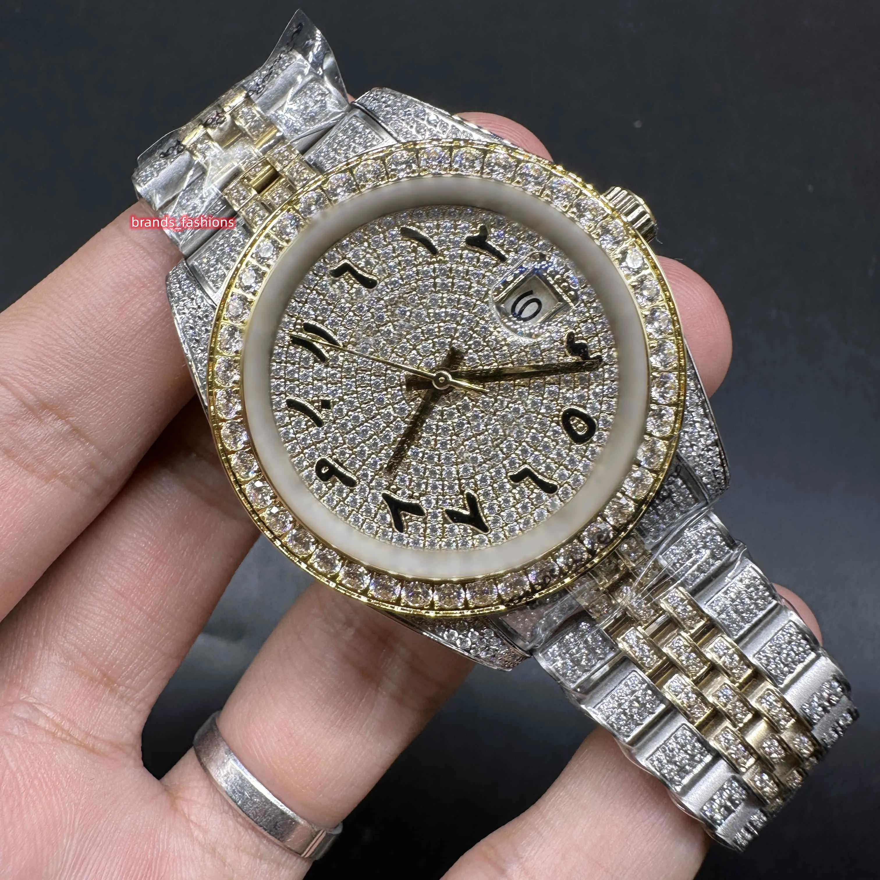 Full Diamond Iced Out Man Watches 2tone Gold rostfritt stål Fall titta på arabiska nummer glänsande bra automatisk rörelse titta 41mm