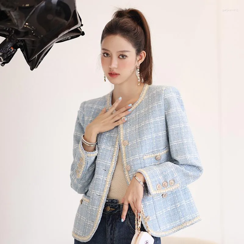 Kvinnors jackor kvinnor blå rutig för 2023 koreansk mode höst vinterkläder elegant o-hals kort ullrock kvinnor och rockar