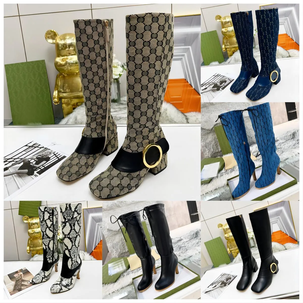 Designer Boots Women Side Zipper Fashion Boots High Heels Luxury Winter Canvas Leather Laces Metal Buckle Motorcycle Booties