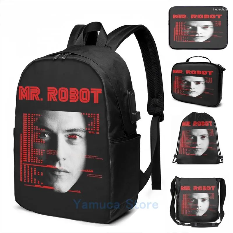 バックパック面白いグラフィックプリントMr Robot Red_cmd_elliot USB Charge Men School Bags女性バッグ旅行ラップトップ