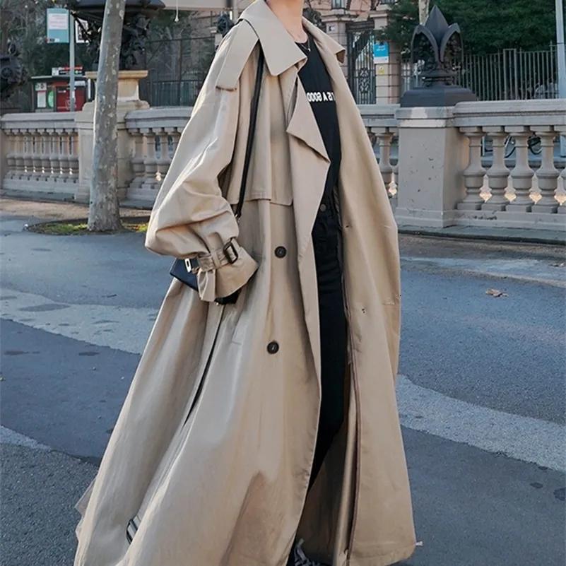 Damen Wollmischungen Lautaro Frühling Herbst Langer, fließender, übergroßer, lässiger Trenchcoat für Frauen, Gürtel, Zweireiher, lockere koreanische Mode 230827