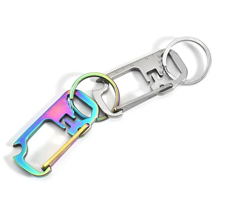 3 Farben Edelstahlschlüsselkette Multifunktion Opener Lurer Lineal Keychain Hangschnalle Key Ring Bierflaschenöffner DB379