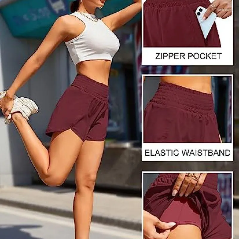 Running Shorts Women's High Maisted Yoga Joggers Gym Fitness Training Quick Dry Double Layer Workout Kort byxor Zip Pocket