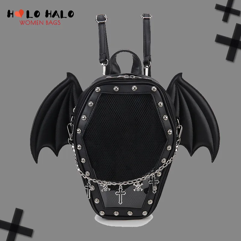 Sacos de noite Bat Wings Ita Mochila Esmalte Pin Display Bolsa de Ombro Goth Pin Collector Feminino Pequeno Saco de Escola Claro Punk Ita Bolsa Bolsa 230828