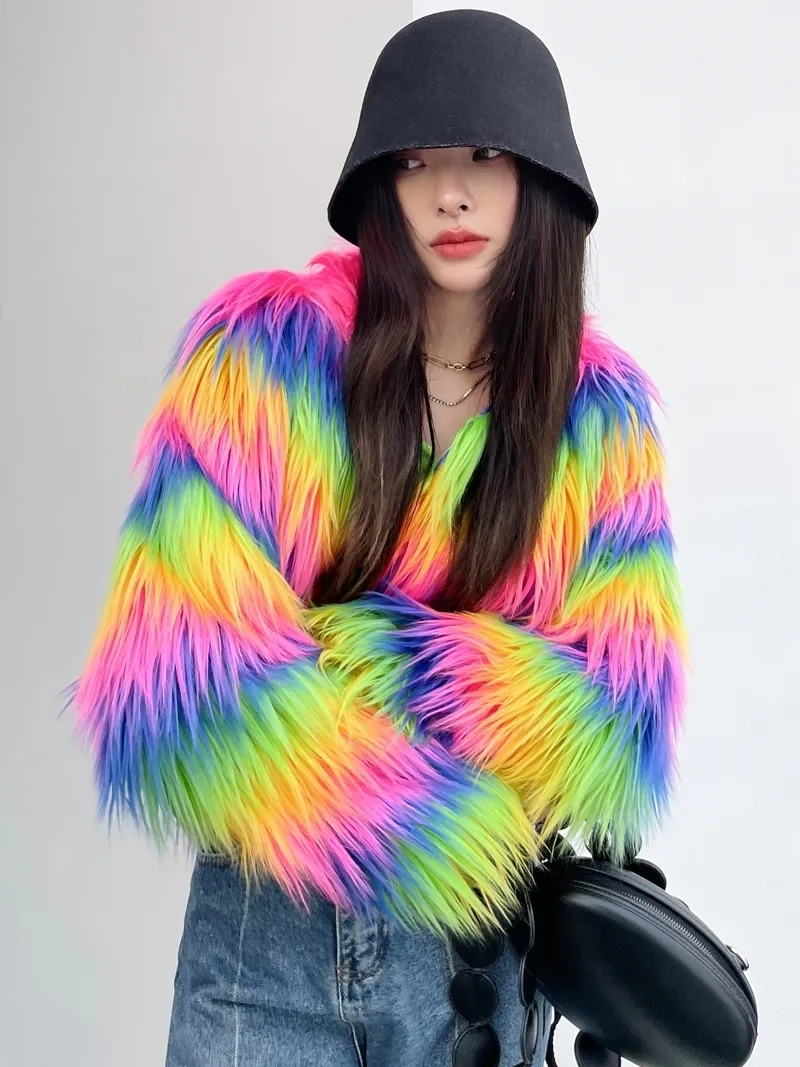 Womens Fur Faux Streetwear Rainbow Striped Coat Women Imitation Get Wool Luxury Furry Jacket Top Club Autumn Winter Clothes 230828