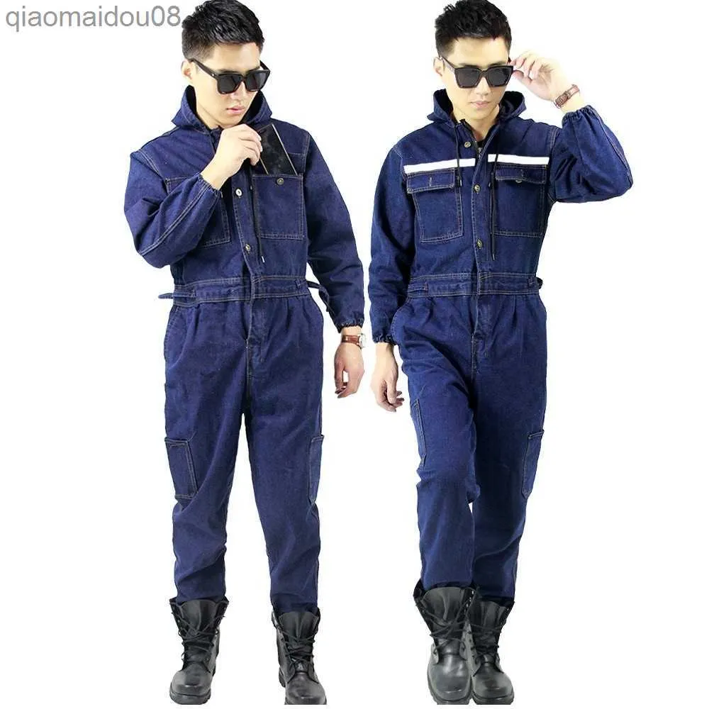 Skyddskläder Welder Suit denim Arbetskläder för män Kvinnor Overaller Långa ärmar bär resistenta målare Svetsningsuniformer Koveraller Dammsäker HKD230826