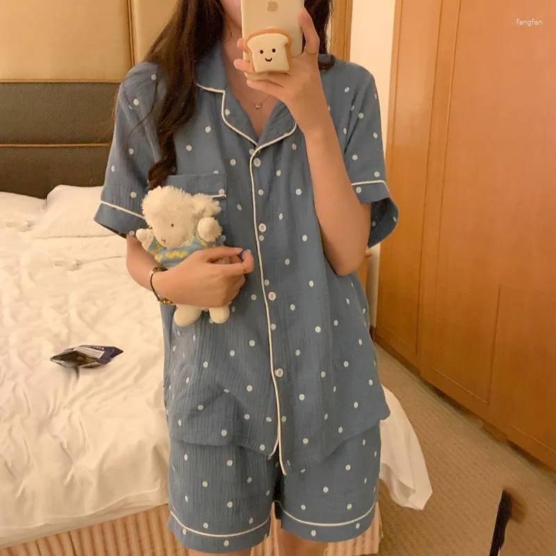 Vêtements de nuit pour femmes doux à manches courtes Shorts coton Dot amoureux hauts de nuit maison simple couple pyjamas ensemble doux style coréen deux pièces décontracté