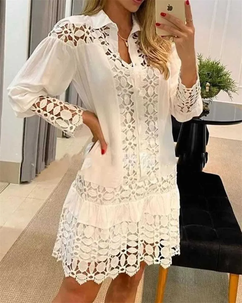 Basic Casual Dresses 2023 Spring Shirt Guipure Lace Patch with Cami Dress Women's White Wedding Dress Hollow and Loose Y2k Party Holiday Westido T230825