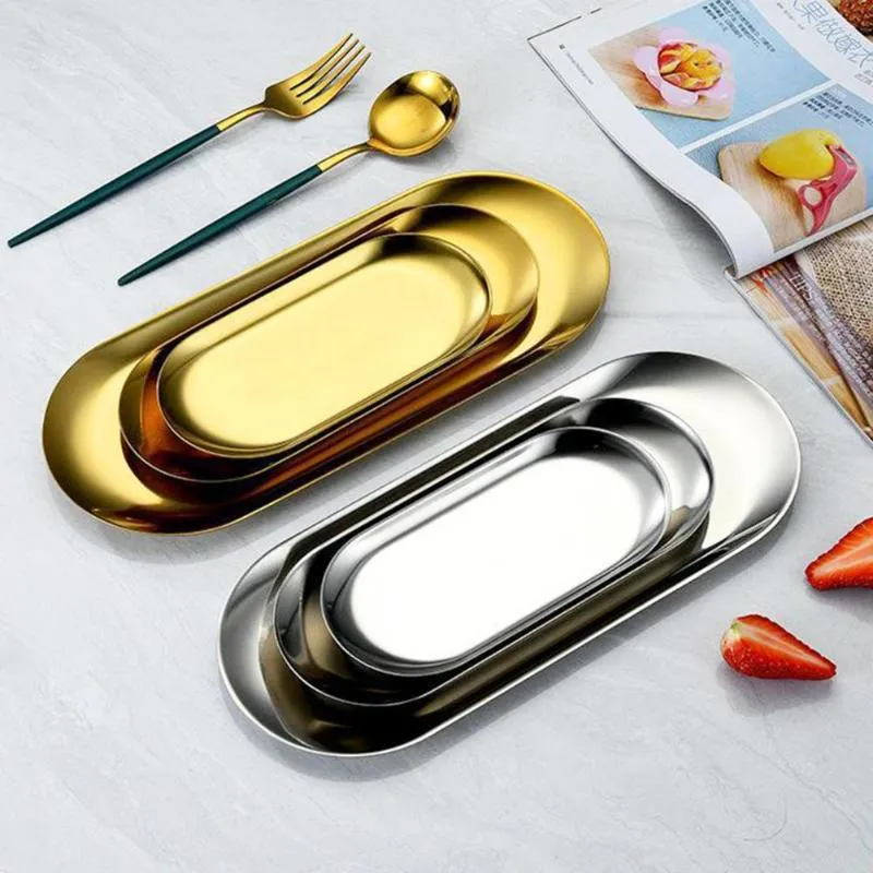 Tallrikar gyllene dekorativa bricka spegel polerad förvaring stilfullt nordiskt rostfritt stål för kök badrumsmycken oval