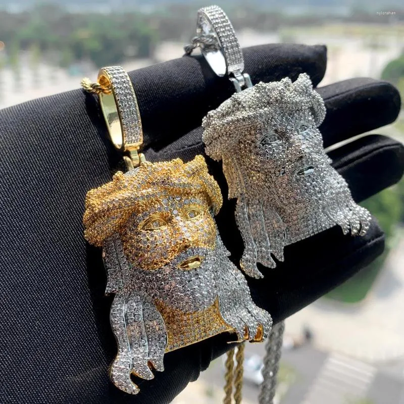 سلاسل Big Jesus Christ Head Necklace قلادة مع سلسلة حبل للرجال المثلجة من Bling cubic zirconia المجوهرات الهيب هوب المسيحية