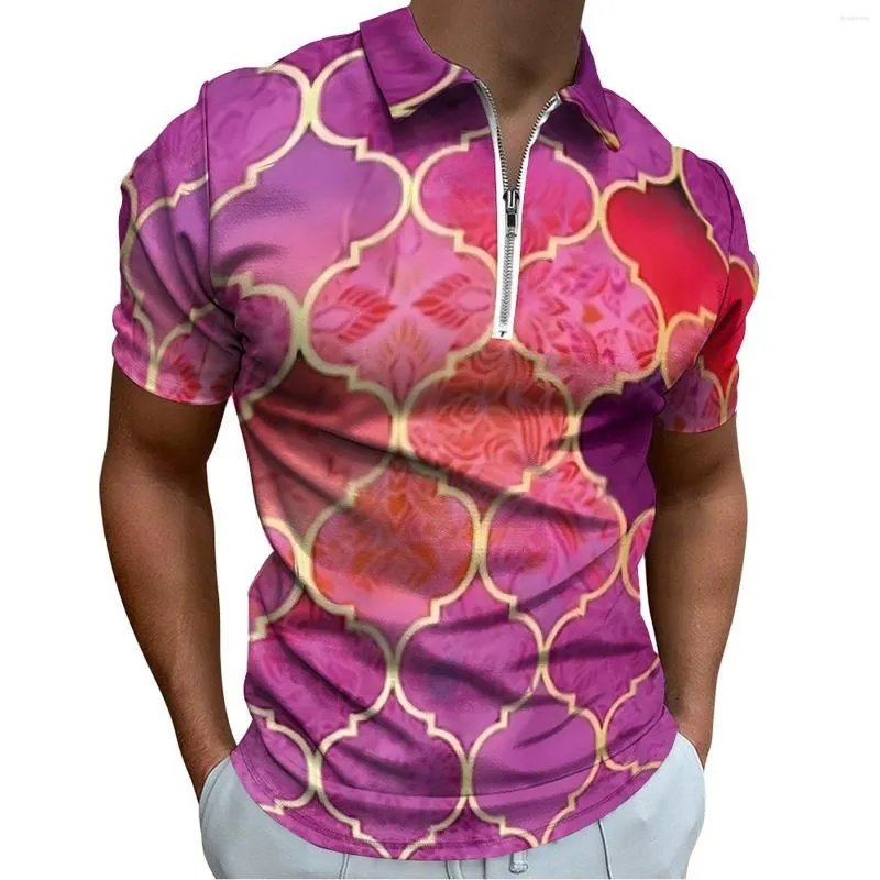 Polos masculinos rosa polo camisas Mozaik Morroco camisa casual diária Y2K homens mangas curtas turn-down colarinho padrão camisetas