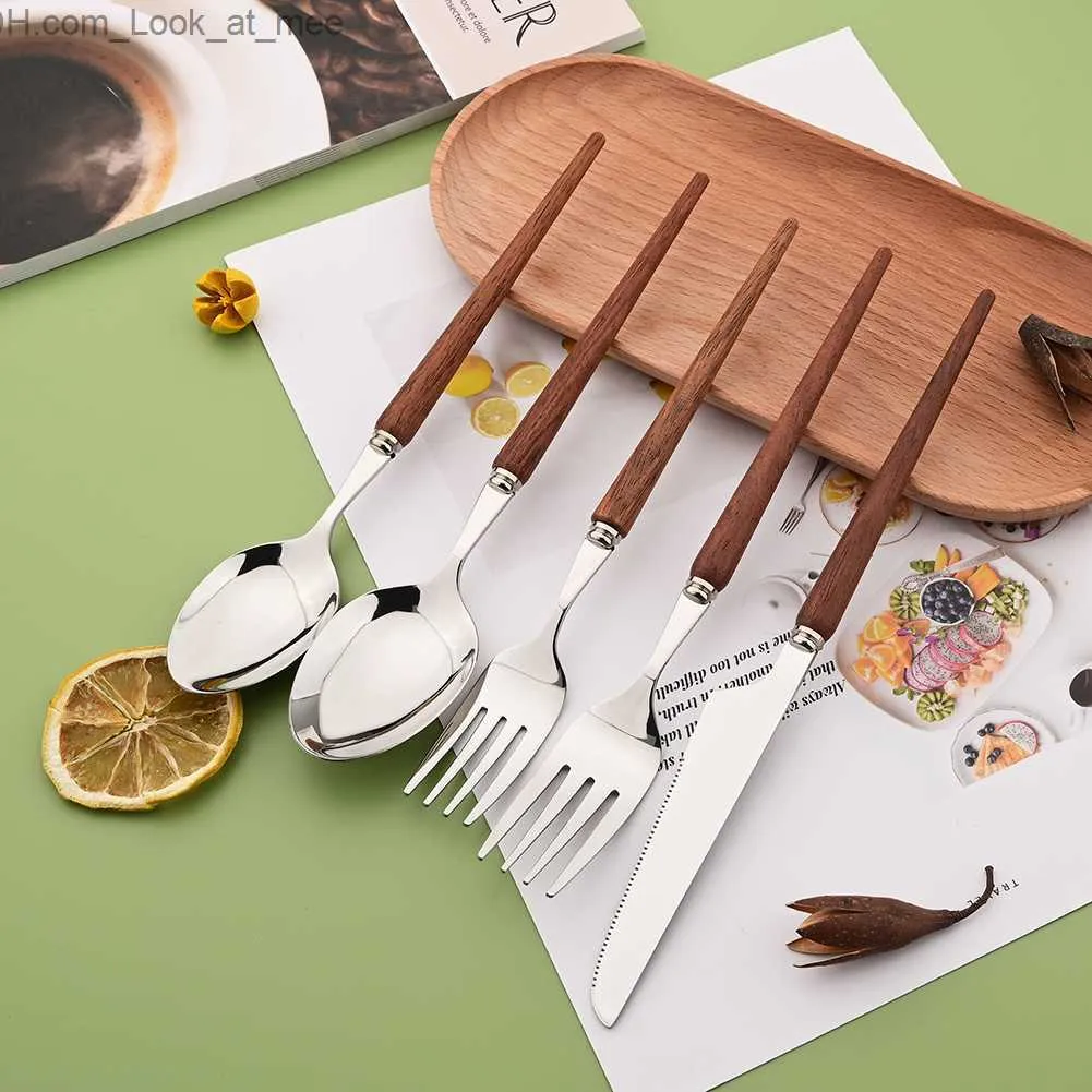 Juego de cubiertos de acero inoxidable para 4, juego de cubiertos con mango  de madera de imitación, incluye cuchillos, tenedores, cucharas, servicio