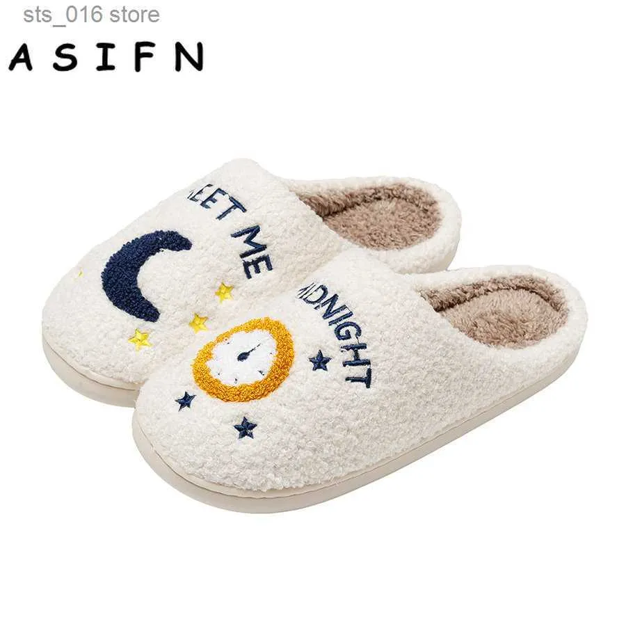 Chinelos ASIFN Cute Warm Meet Me At Midnight Chinelos Almofada Slides Soft Warm Comfort Flat Fur Woman Cartoon House Chinelos Sapatos Engraçados T230824