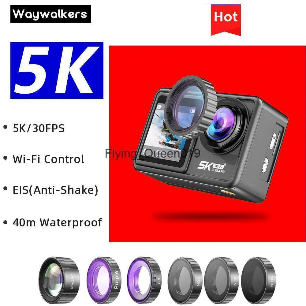 Câmera de ação WAYWALKERS 5K 4K 60FPS Filtro removível de tela dupla Gravação de vídeo Go Mini Câmera esportiva subaquática à prova d'água Pro HKD230828 HKD230828