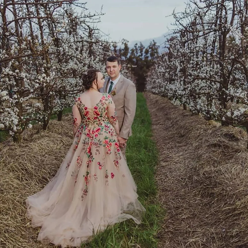 Colorful Embroidery Tulle A-Line Wedding Dress with Sheer Top, V-Neck,  Backless, Plus Size, Maxi, Fairytale Garden Bridal Gown