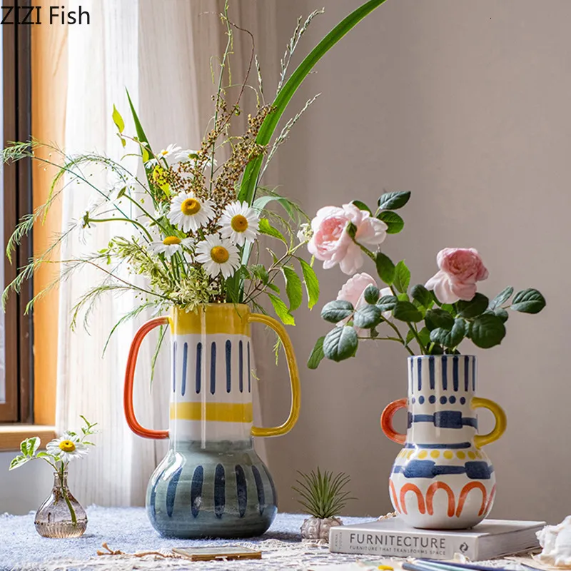 Vases Vase en céramique créatif couleur abstraite graffiti poignée à la main Art fleur céramique artisanat ornements décoration de la maison 230828