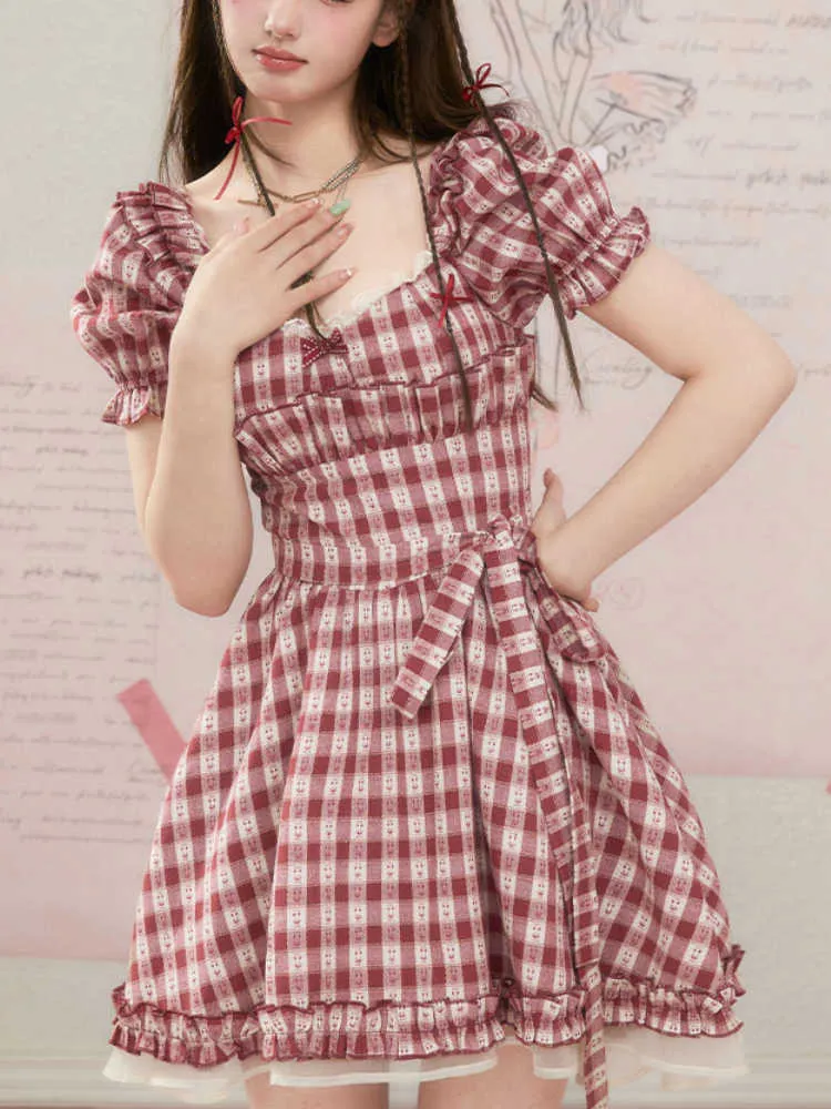 Summer Red Plaid Korea Sweet Dres Puff Sleeve France Elegant Party Mini Dress Square Collar Lolita Söt kvinna 230808