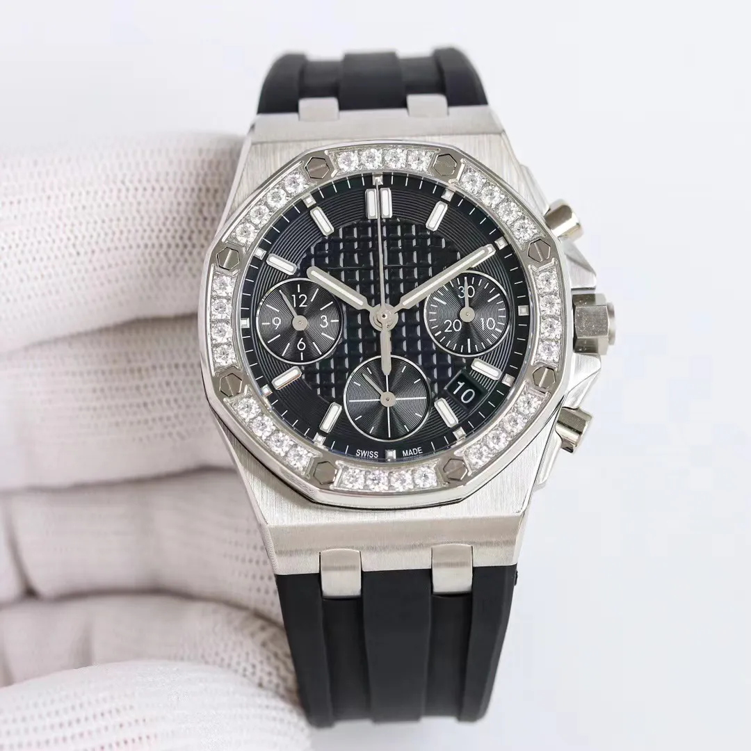 Women's Designer Watch 7750 Automatic Mechanical Movement 37mm size rubber strap diamond bezel Black chronograph dial and box