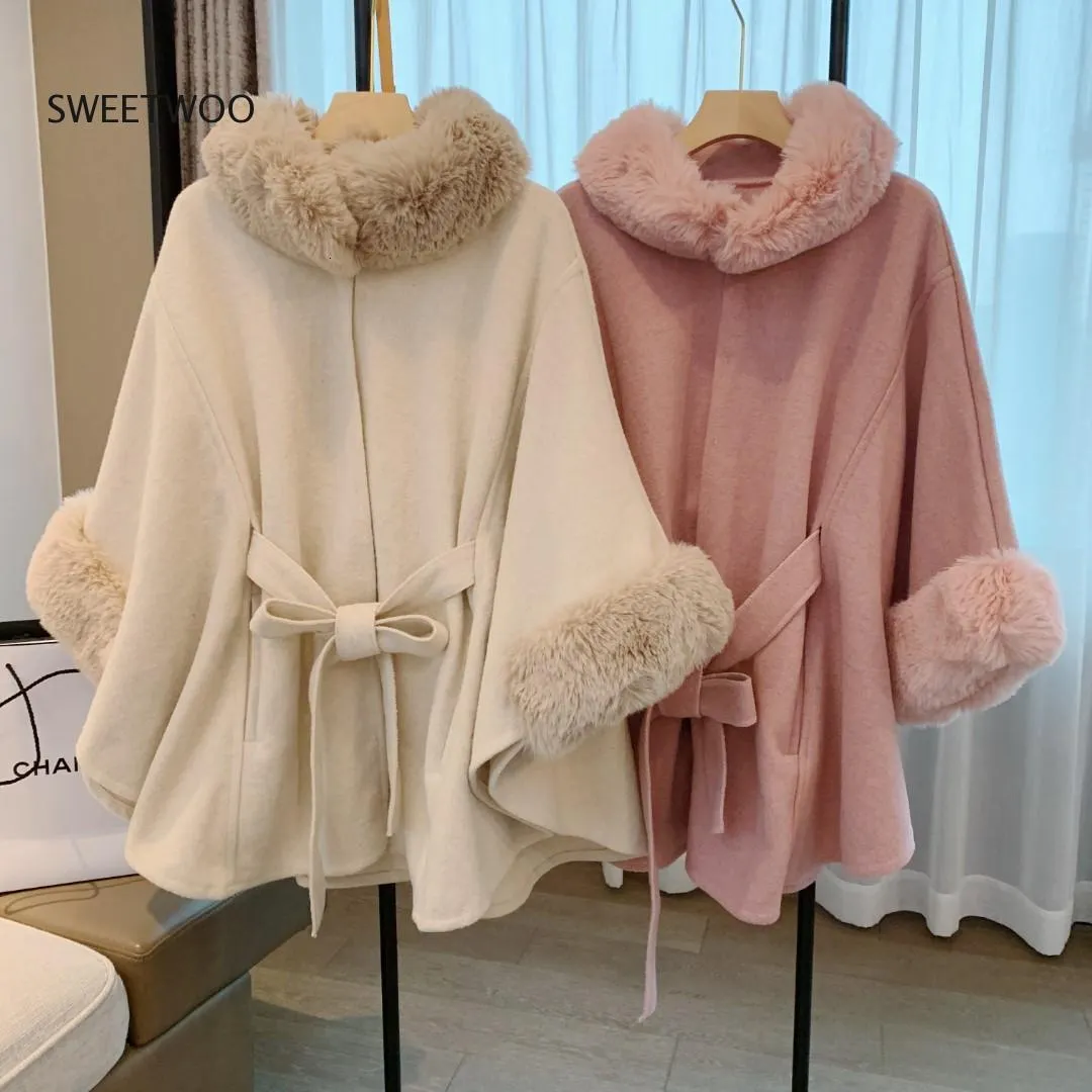 Women's Cape Elegant Autumn Winter Rex Rabbit Fur Collar Belt Knitted Poncho Cape Shawl Woolen Large Size Women Coat 230826