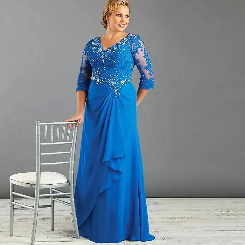 Royal Blue Plus Size Mother of the Bride Dresses Half Riceves A-Line V-образное мать мать жениха платья по полу шифоновые вечерние платья Robe de Marie