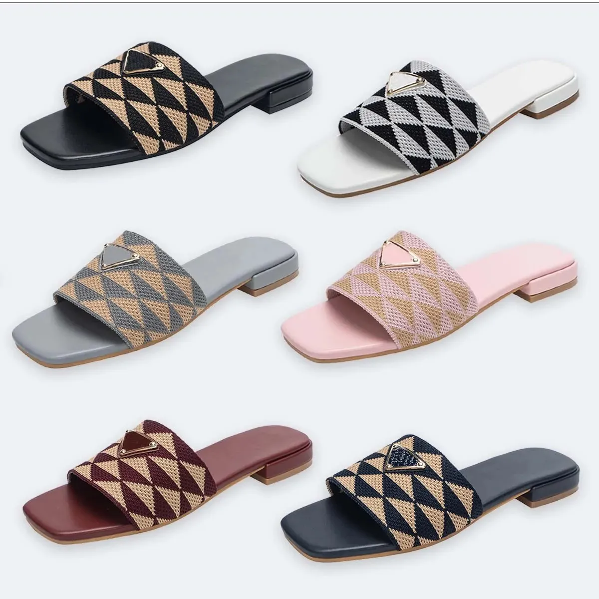 Designer-Slides für Damen, bestickte Stoff-Slides, metallische Slide-Sandalen, Luxus-Buchstaben-P-Sandale, Dreieck, klobige Absätze, Sommer, Strand, niedriger Absatz, Schuhgröße 36–42