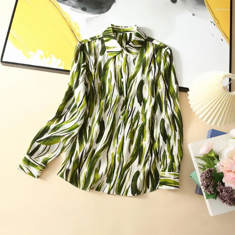 Women's Blouses Birdsky 1PC Women Long Sleeve Shirt Blouse Office Lady Shirts Top Natural Mulberry Silk Green Stripe S-607