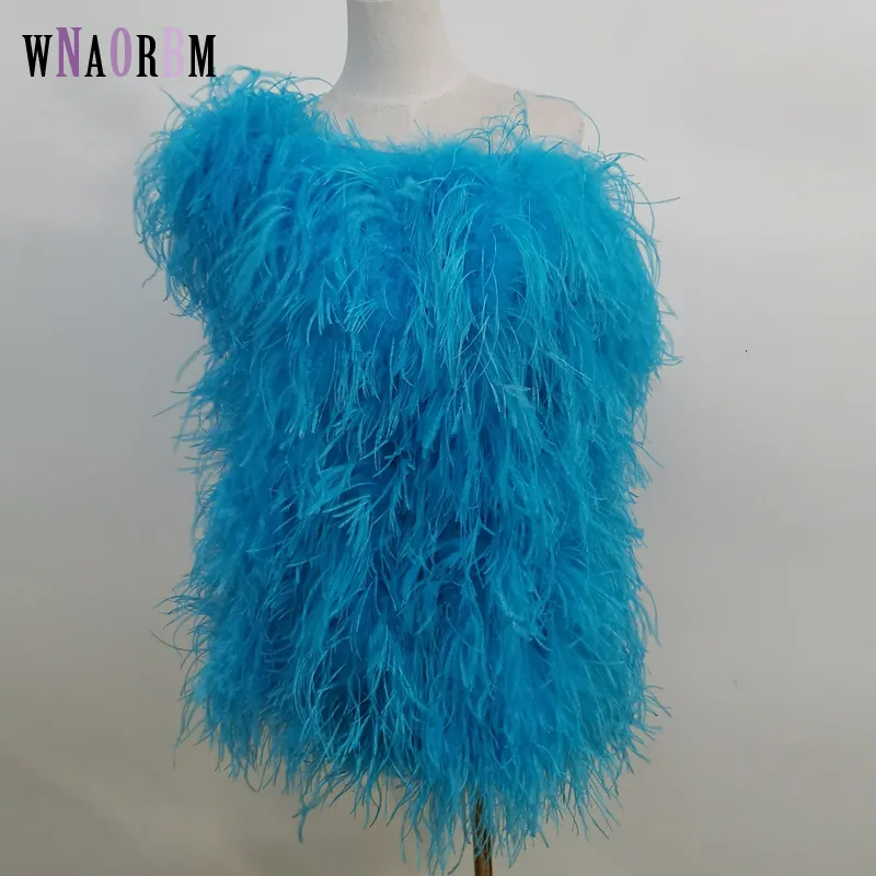 Womens Fur Faux style 100% natural ostrich hair One shoulder sexy design dress womens fur coat low chest off mini skirt 230828