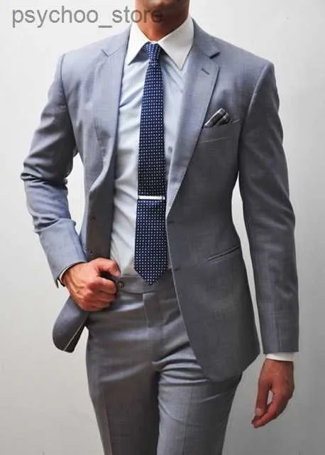 Men's Light Grey Slim Fit Wedding Tailored Suits Groom Tuxedo 2 Pieces Business Men Suits Terno Masculino Jacket Pants Prom Suit Q230828