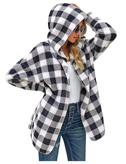 Womens Wool Blends Cross Border Independent Station Loose Black And White Lattice Hooded Long Sleeved Coat 230828